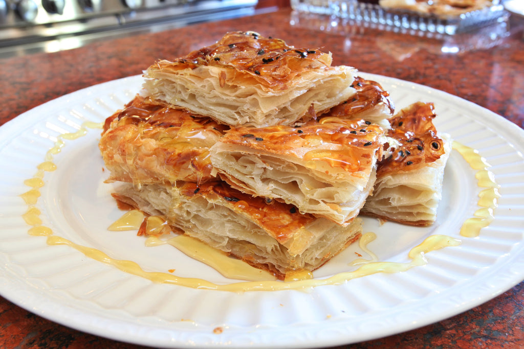Stacked squares of layered sabaya pastry